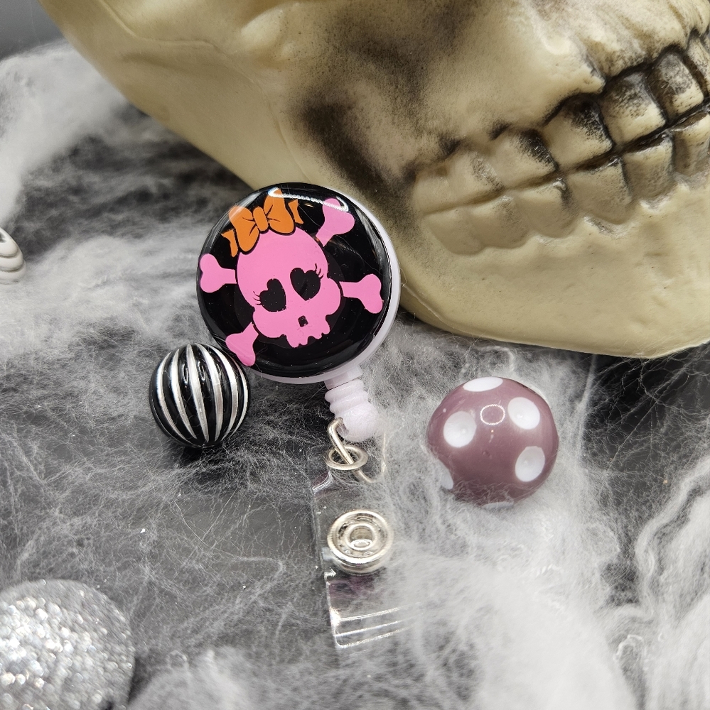 🎃 2/$14 Handmade Halloween Baby girl skull badge reel